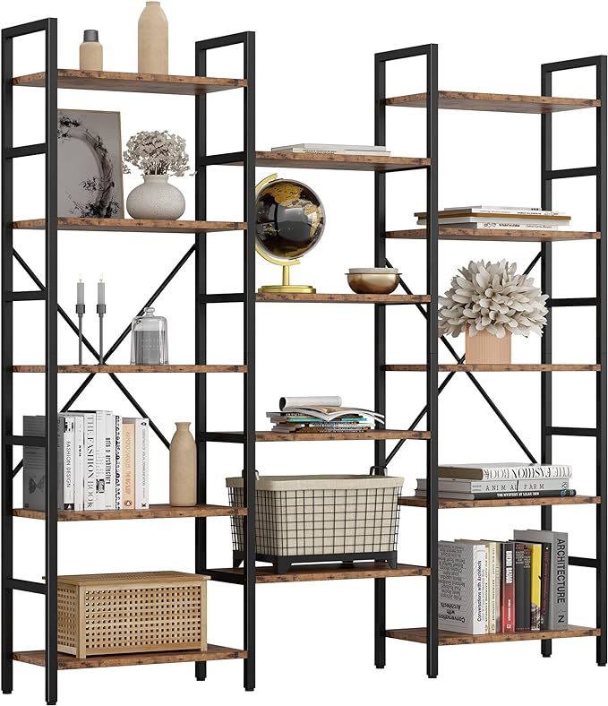 Bookcases and Bookshelves Triple Wide 5 Tiers Industrial Bookshelf, Large Etagere Bookshelf Open Display Shelves with Metal Frame for Living Room Bedroom Home Office