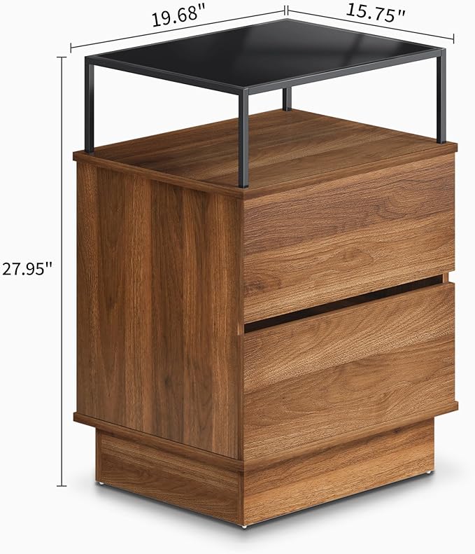 28 Inch Nightstand with 2 Drawers Walnut Color Farmhouse Wood Night Stand