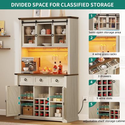 72" Farmhouse Bar Cabinet with Bottle Rack and Wine Glass Holder, Large Kitchen Buffet with Shelves, Wine Cabinet with 3 Drawers,Coffee Bar Sideboard with LED Lights
