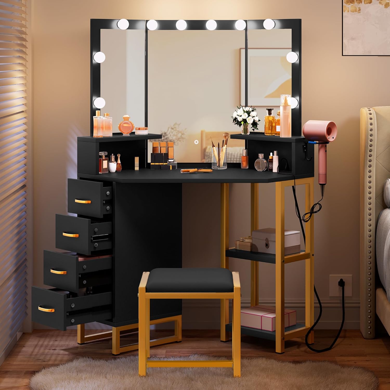 Makeup Vanity with Lights - Vanity Desk with Power Outlet, 3 Color Lighting Options, Corner Vanity with 4 Storage Drawers and Stool