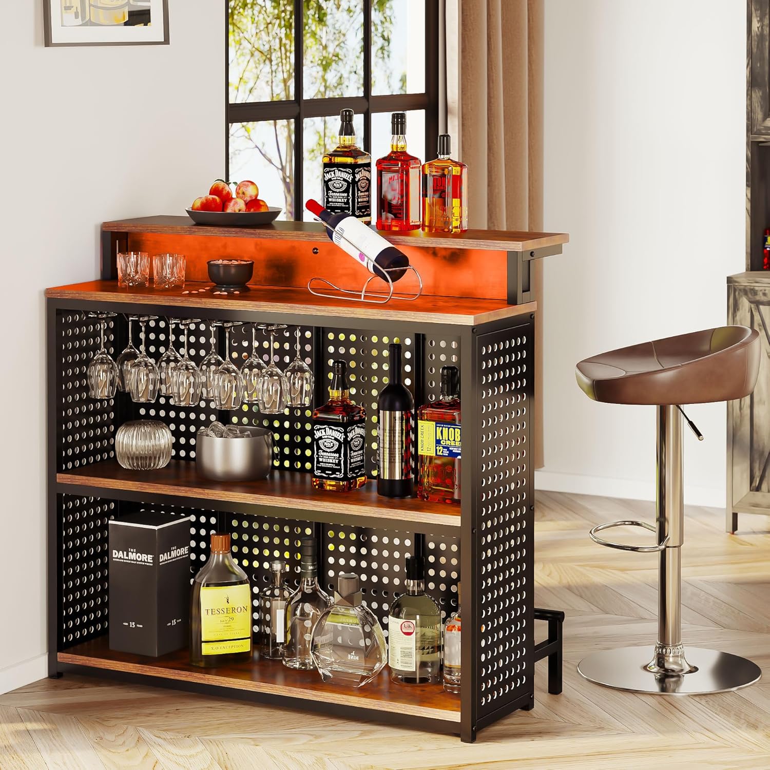 Mini Home Bar Unit with Music Sensing LED Light, Liquor Wine Cabinet w Counter Tall Bar Table Top Alcohol Storage Shelf Glasses Rack Footrest