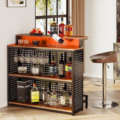 Mini Home Bar Unit with Music Sensing LED Light, Liquor Wine Cabinet w Counter Tall Bar Table Top Alcohol Storage Shelf Glasses Rack Footrest