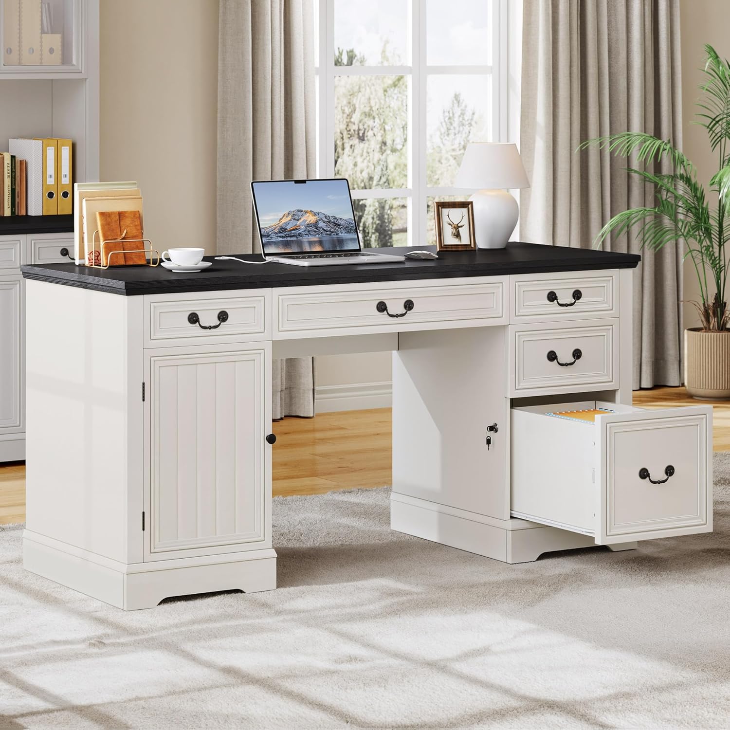 Executive Desk with Drawers, 59" Farmhouse Computer Desk with Power Outlets, Wood Office Desk with Storage Cabinet