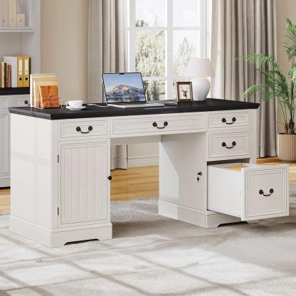 Executive Desk with Drawers, 59" Farmhouse Computer Desk with Power Outlets, Wood Office Desk with Storage Cabinet