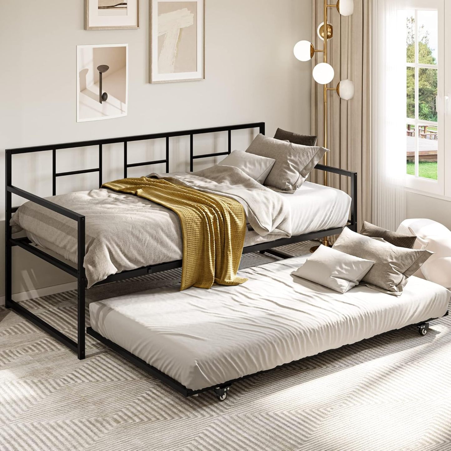 Daybed with Trundle, Twin Size Trundle Bed Adjustable Height, Metal Bed Frame Heavy Duty Metal Slats Support