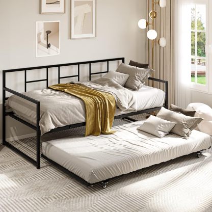 Daybed with Trundle, Twin Size Trundle Bed Adjustable Height, Metal Bed Frame Heavy Duty Metal Slats Support