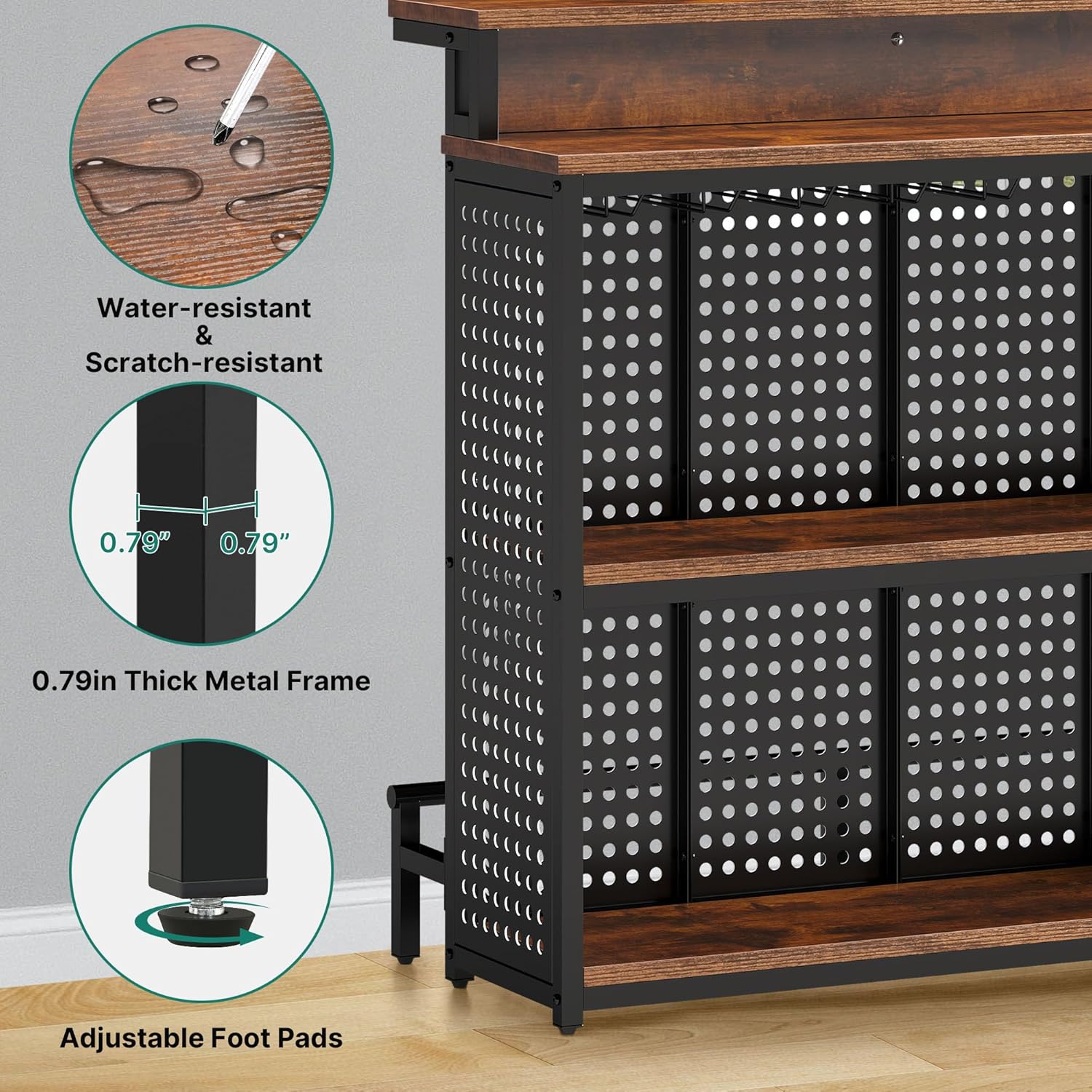 Mini Home Bar Unit with Music Sensing LED Light, Liquor Wine Cabinet w Counter Tall Bar Table Top Alcohol Storage Shelf Glasses Rack Footrest