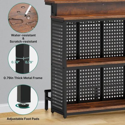 Mini Home Bar Unit with Music Sensing LED Light, Liquor Wine Cabinet w Counter Tall Bar Table Top Alcohol Storage Shelf Glasses Rack Footrest