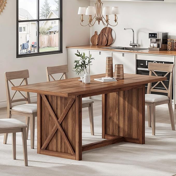 70.8" Large Dining Table for 6 to 8 People, Farmhouse Rustic Wood Dinner Table