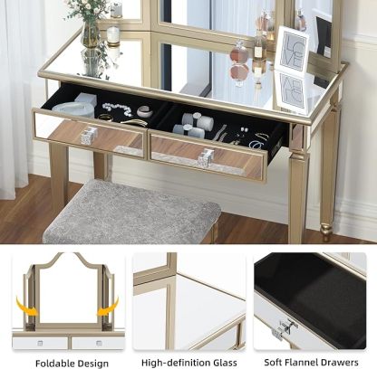 Gold Mirrored Makeup Vanity Desk with Adjustable or Detachable Tri-Folding Mirror and Upgraded Vanity Chair
