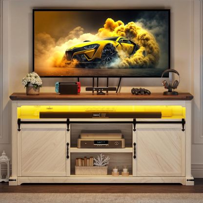 Farmhouse TV Stand 3-Piece Sets, Includes Sliding Barn Door TV Stand and 2Pcs Nightstand, LED Console Table