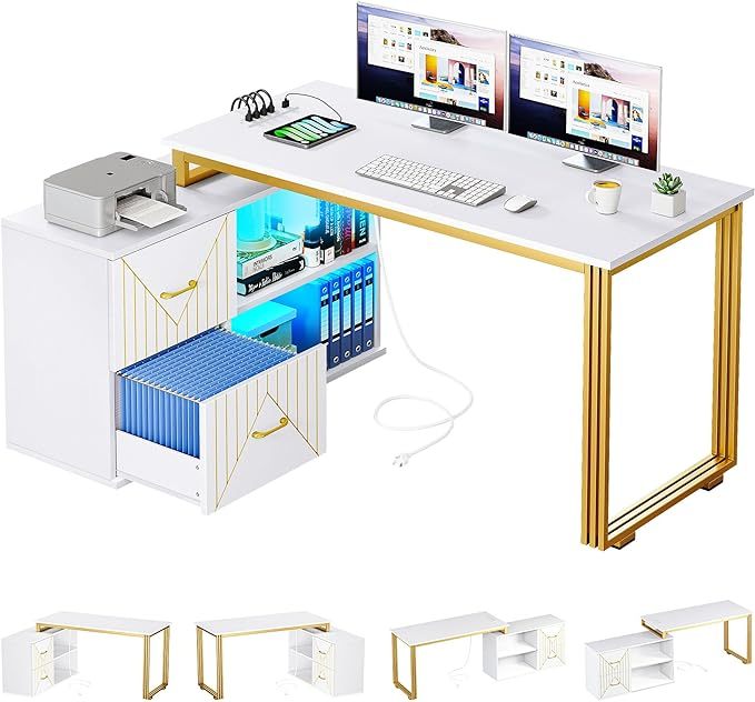 Gold L Shaped Desk with Drawers, 55" Reversible Computer Desk with Power Outlets & LED Lights