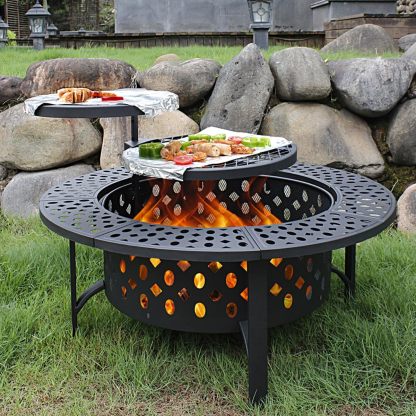 36 Inch Fire Pit with 2 Grills, Wood Burning Fire Pits for Outside with Lid, Poker and Round Waterproof Cover