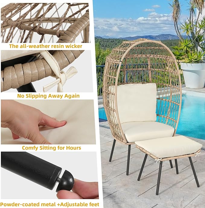 Outdoor Egg Chair with Ottoman for Outdoor Indoor, Wicker Egg Chair with Cushion