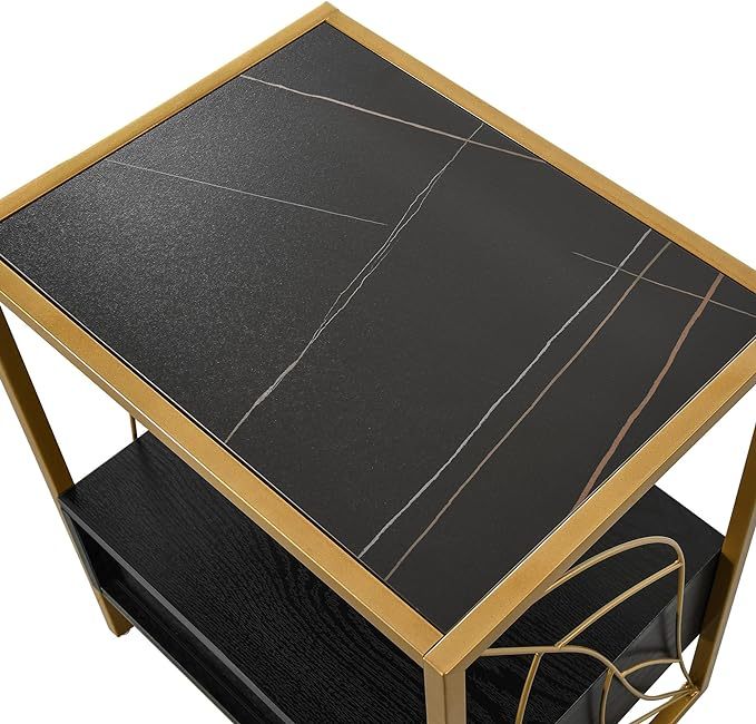 Black End Table, 20" Modern Side Table with 2 Shelf and Drawer