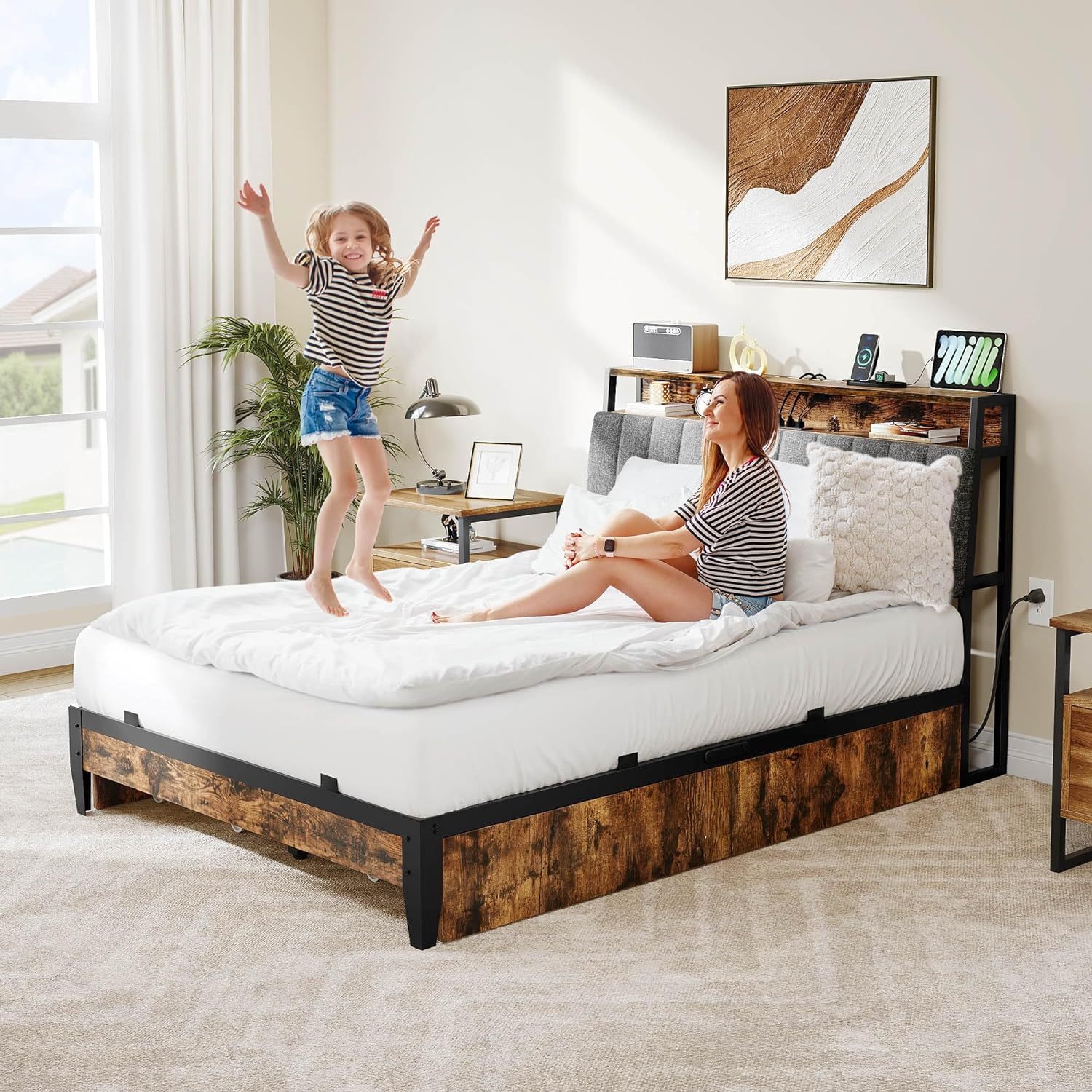 Queen Size Bed Frame, Upholstered Platform Bed Frame with Charging Station