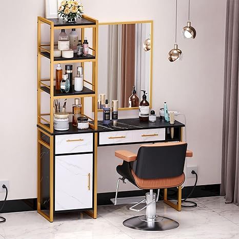 Hair Salon Station Barber Desk, Salon Stations Beauty Spa Salon Equipment Storage for Hair Stylist with 3 Drawers
