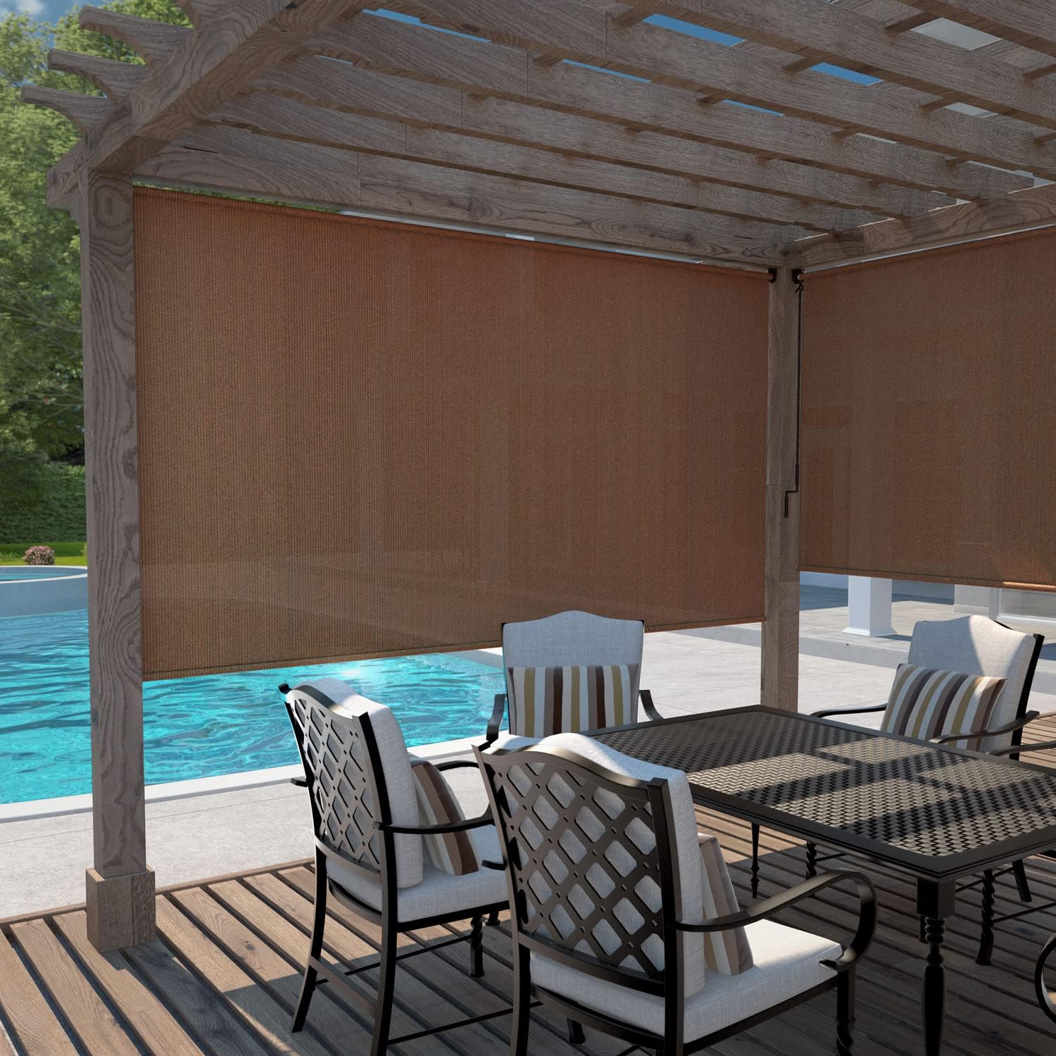Exterior Roller Shade, Cordless Roller Shade with 90% UV Protection, No Valance, (8' W X 6' L), Mocha