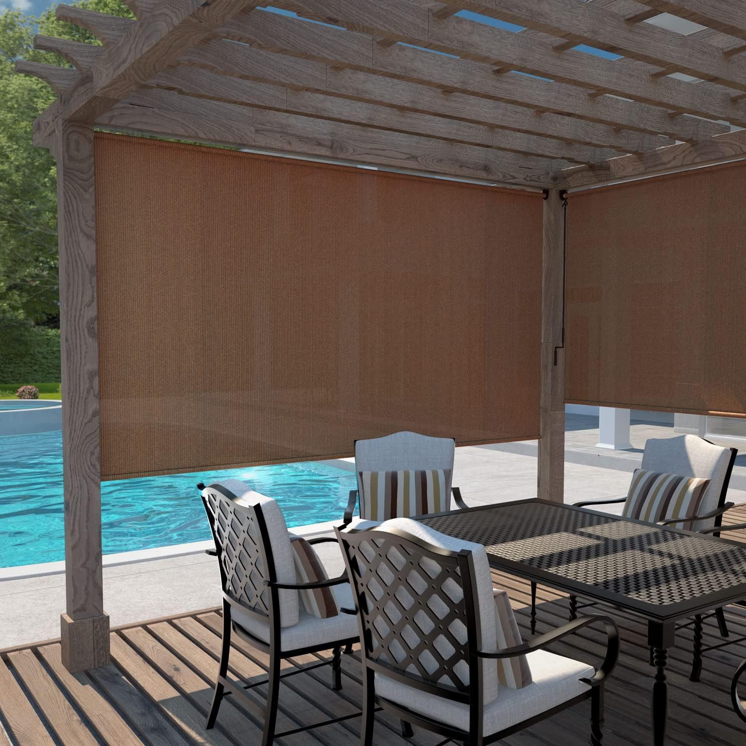 Exterior Roller Shade, Cordless Roller Shade with 90% UV Protection, No Valance, (8' W X 6' L), Mocha