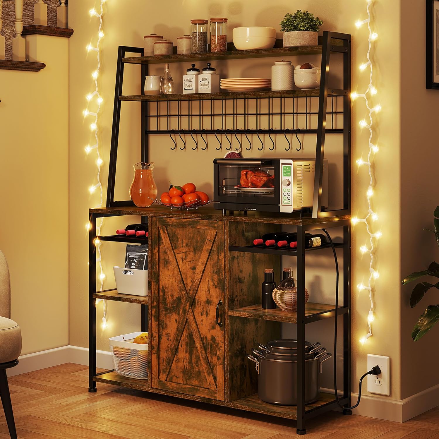 47’’ Large Bakers Rack with Power Outlet & Storage Cabinet, Kitchen Microwave Stand with Drawer