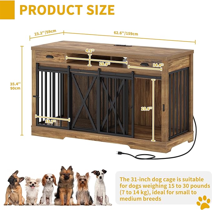 63 Inch Double Dog Crate Furniture for 2 Dogs, Heavy Duty Wooden Dog Crate TV Stand with Charging Station