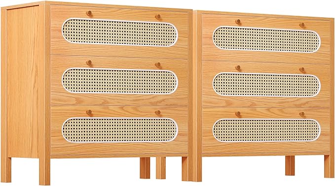 Natural Rattan Wood Drawer Dresser Set of 2 with Spacious Storage