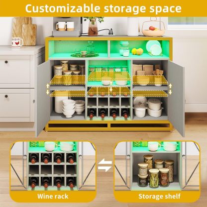 Bar Cabinet with Power Outlets, Coffee Bar Cabinet w/Led Lights and Removable Wine Rack, Storage Buffet Cabinet for Liquor