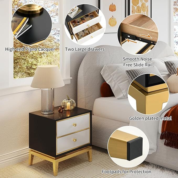 Gold and Black Modern Nightstand with Solid Wood Drawers Storage End Table