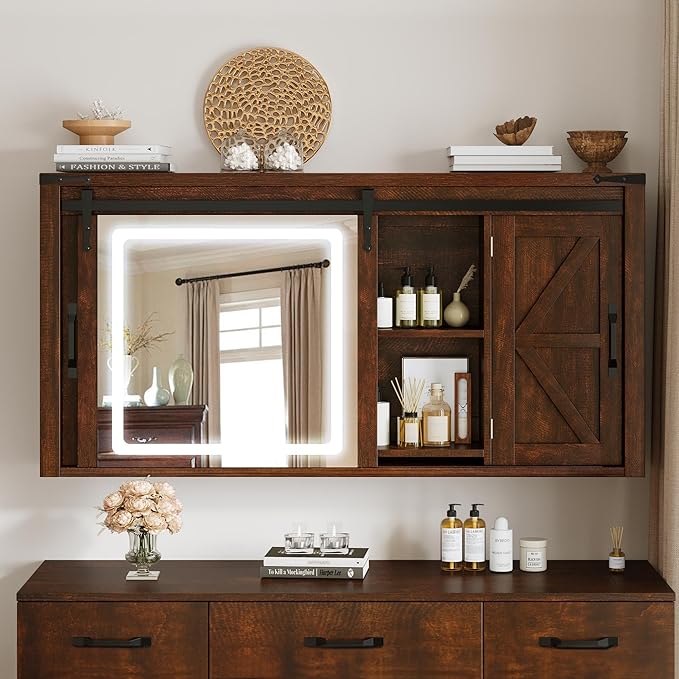 Farmhouse Medicine Cabinet Mirror with Lights, Bathroom Wall Cabinet w/Rustic Sliding Barn Door