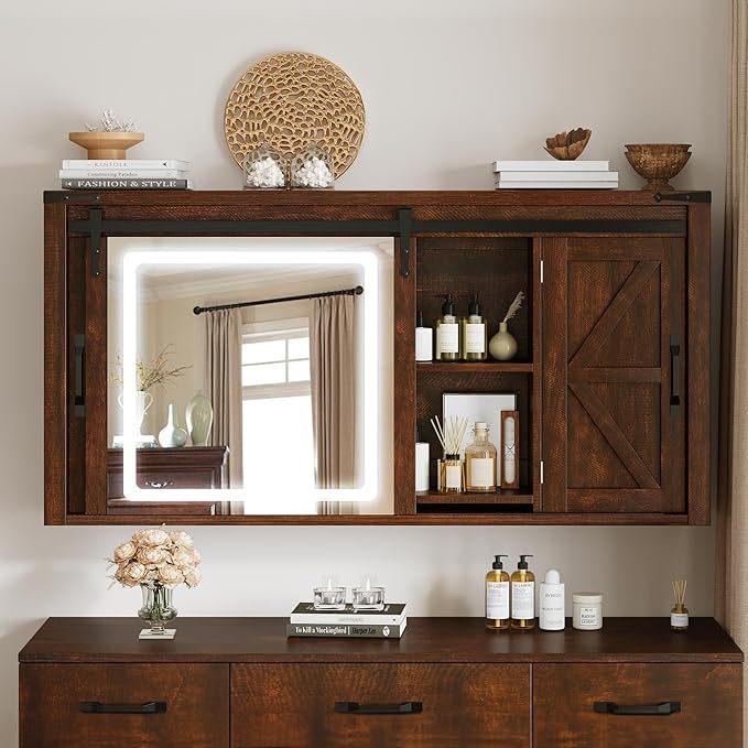 Farmhouse Medicine Cabinet Mirror with Lights, Bathroom Wall Cabinet w/Rustic Sliding Barn Door