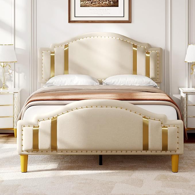 Queen Velvet Bed Frame with Adjustable Headboard, Upholstered Headboard and Footboard