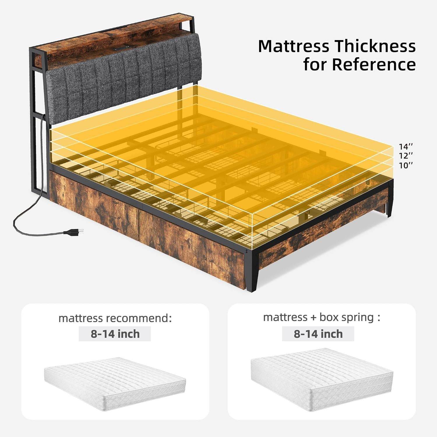 Queen Size Bed Frame, Upholstered Platform Bed Frame with Charging Station