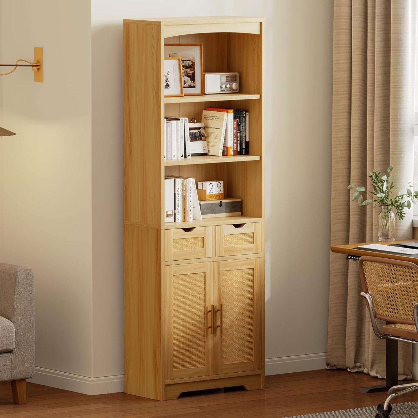 Rattan Bookshelf with Storage, 5 Tier Bookcase with 2 Drawers and Doors, 71" Tall Book Case Rattan Storage Cabinet