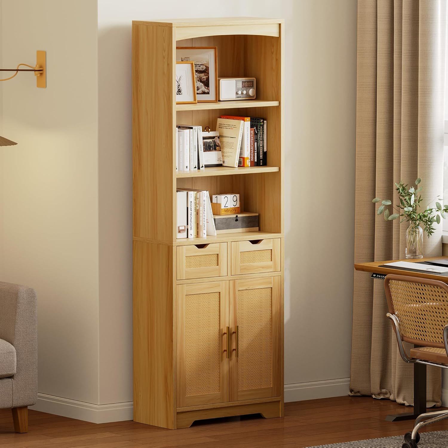 Rattan Bookshelf with Storage, 5 Tier Bookcase with 2 Drawers and Doors, 71" Tall Book Case Rattan Storage Cabinet