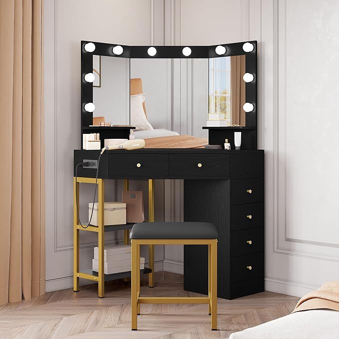 Makeup Vanity Desk w/Hollywood Bulbs Mirror & Power Outlet