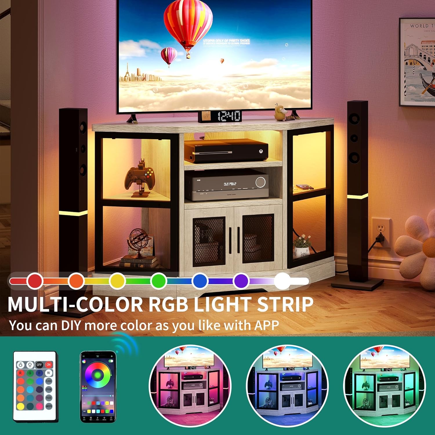 RGB LED Corner TV Stand for TVs up to 55/50 Inch with Power Outlet, Modern Farmhouse Entertainment Center