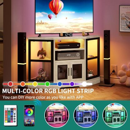 RGB LED Corner TV Stand for TVs up to 55/50 Inch with Power Outlet, Modern Farmhouse Entertainment Center