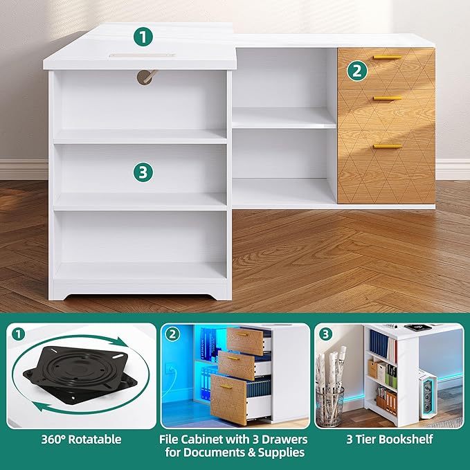 L Shaped Desk with Drawers, 59" Corner Computer Desk with Power Outlets & LED Lights