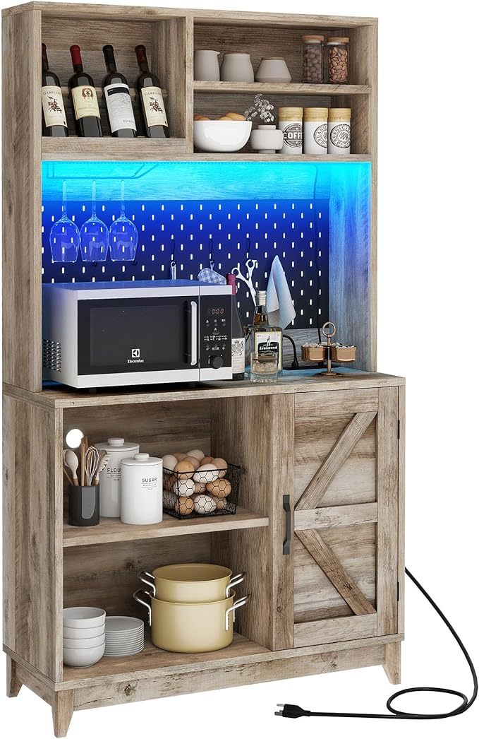Farmhouse Pantry Cabinet - 71" Kitchen Pantry with Lights & Charging Station Hutch Cabinet with Storage
