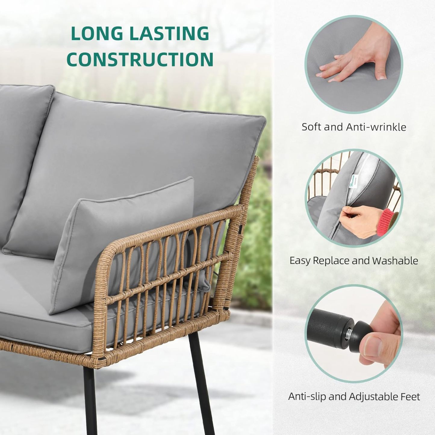4 Pieces Patio Furniture Set, Outdoor Wicker Conversation Sectional L-Shaped Sofa with 5 Seater