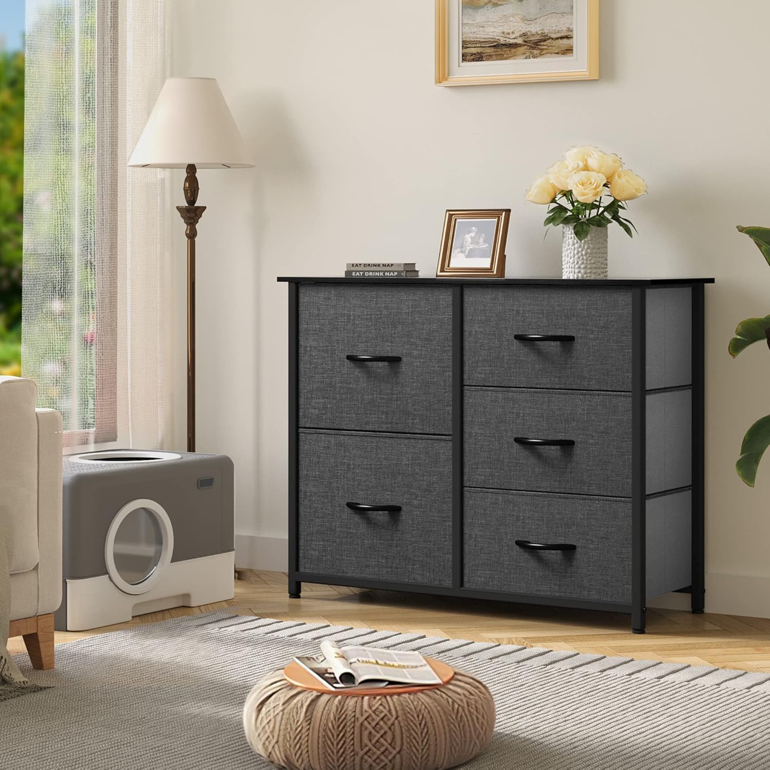 Dresser for Bedroom with 5 Drawers, Wide Bedroom Fabric Dresser with Storage Bins
