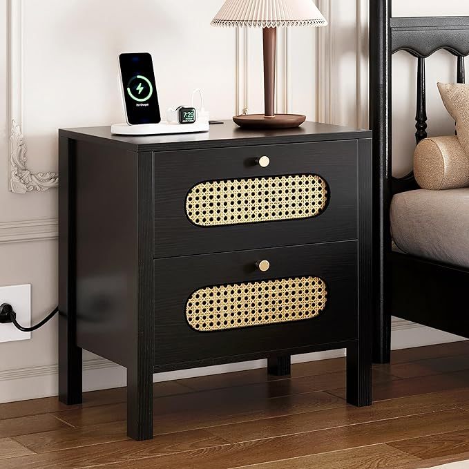 Natural Rattan Nightstands Set of 2 with Charging Station