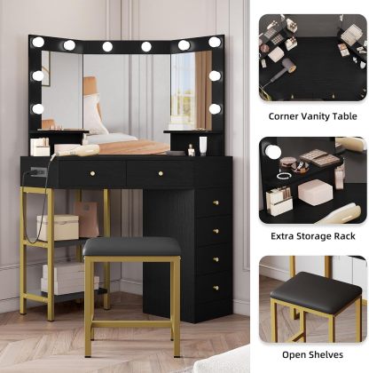 Makeup Vanity Desk w/Hollywood Bulbs Mirror & Power Outlet