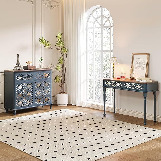 Mirrored Console Table with Storage, 43”Sofa Table with 2 Drawers Mirrored and Carved