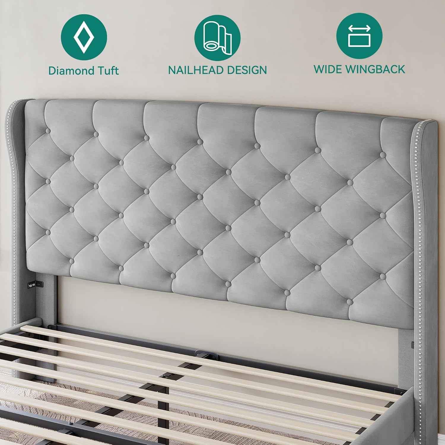 King Size Upholstered Bed Frame, Velvet Platform Bed with Deep Button Tufted Headboard & Nailhead Trim Wingback Footboard