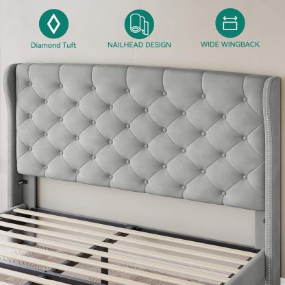 King Size Upholstered Bed Frame, Velvet Platform Bed with Deep Button Tufted Headboard & Nailhead Trim Wingback Footboard