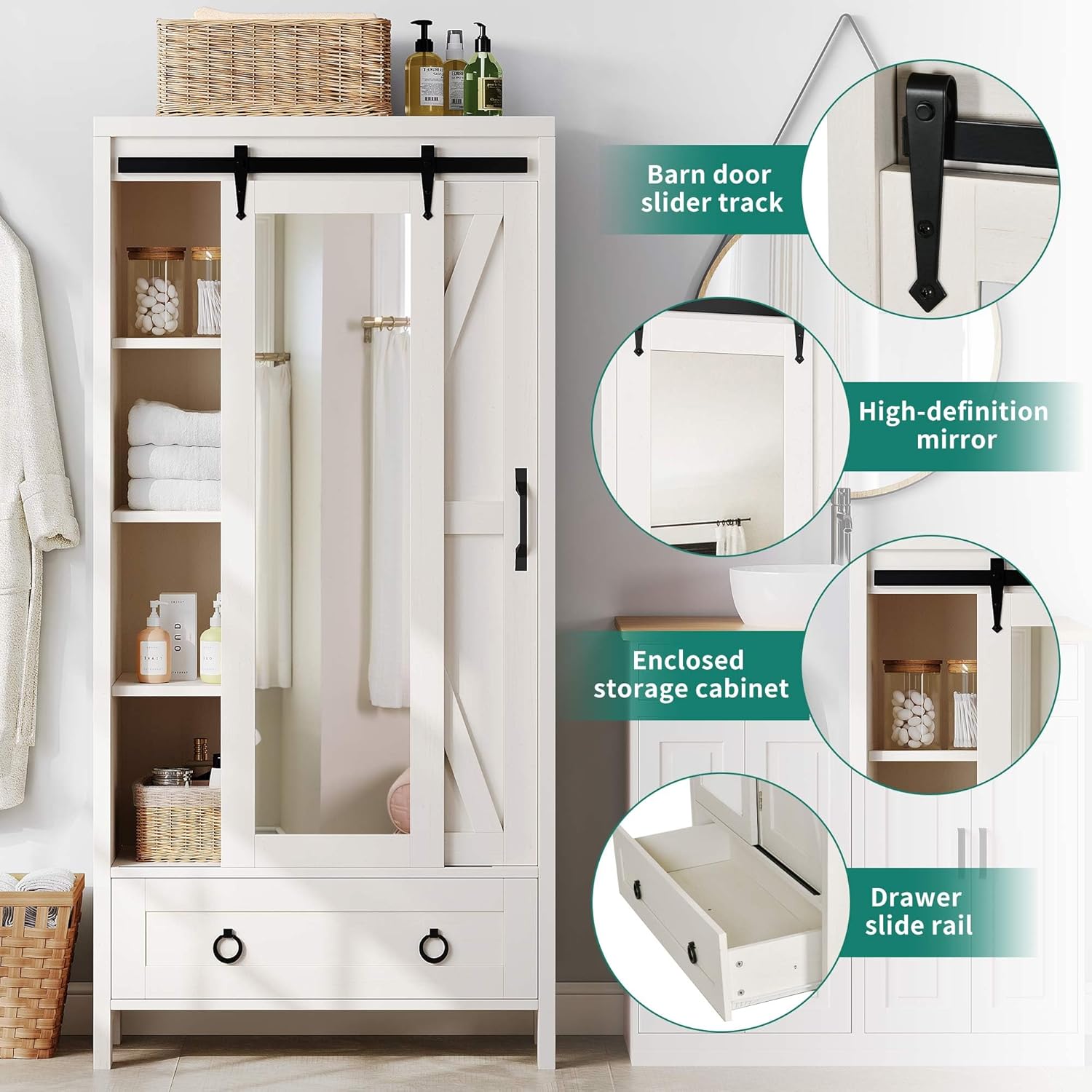 Tall Storage Cabinet, Farmhouse Bathroom Cabinets, Storage Cabinet with Doors, 1 Adjustable Shelf and 1 Drawer, Floor Kitchen Cabinet