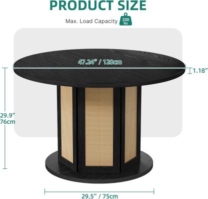 Round Dining Table for 4-6 People 47 Inch Circle Dining Table with Wooden Rattan Base Modern Farmhouse Kitchen