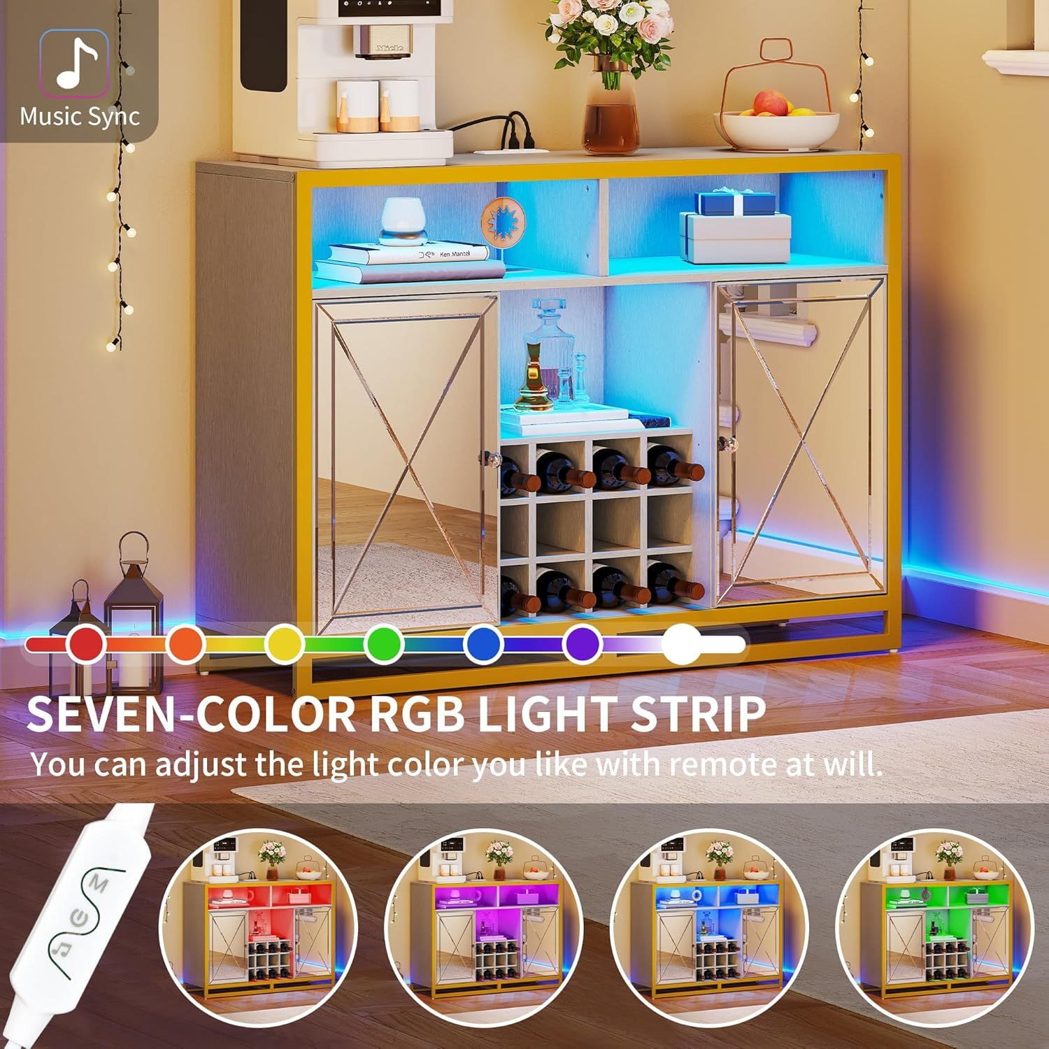 Bar Cabinet with Power Outlets, Coffee Bar Cabinet w/Led Lights and Removable Wine Rack, Storage Buffet Cabinet for Liquor
