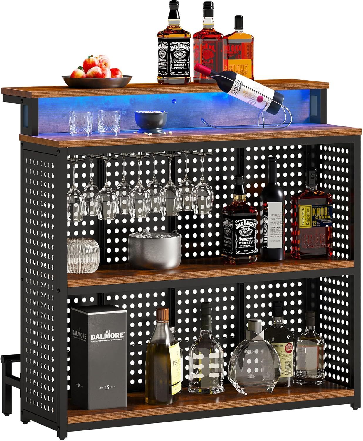 Mini Home Bar Unit with Music Sensing LED Light, Liquor Wine Cabinet w Counter Tall Bar Table Top Alcohol Storage Shelf Glasses Rack Footrest